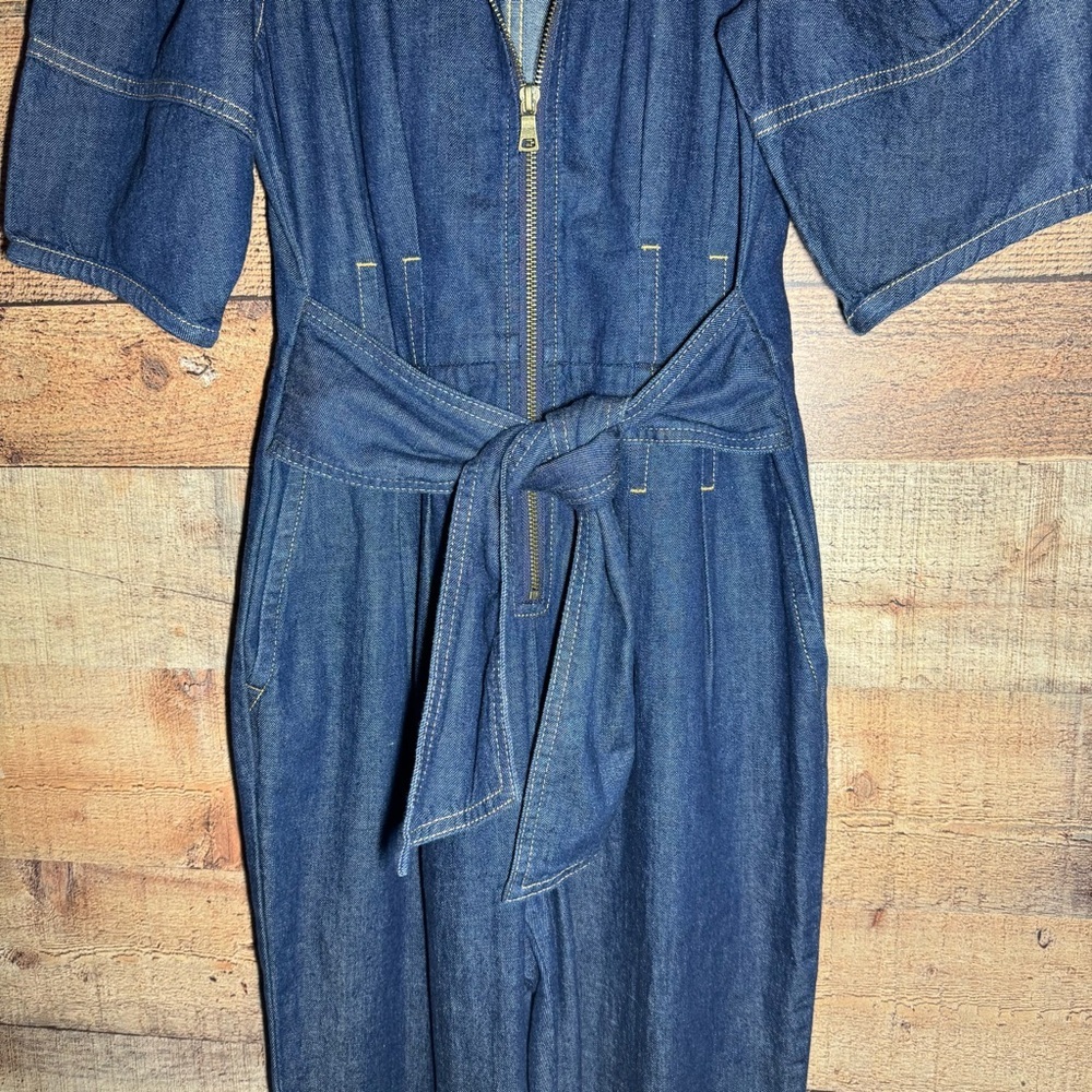 Rebecca Taylor La Vie Puff Sleeve Denim Jumpsuit size Small Tie Waist - Picture 6 of 15